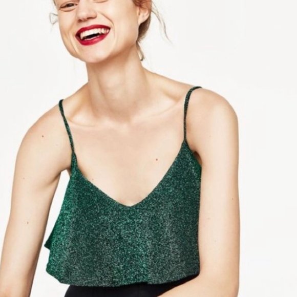 Zara Emerald Green Glitter Ruffle Bodysuit S - Picture 2 of 16